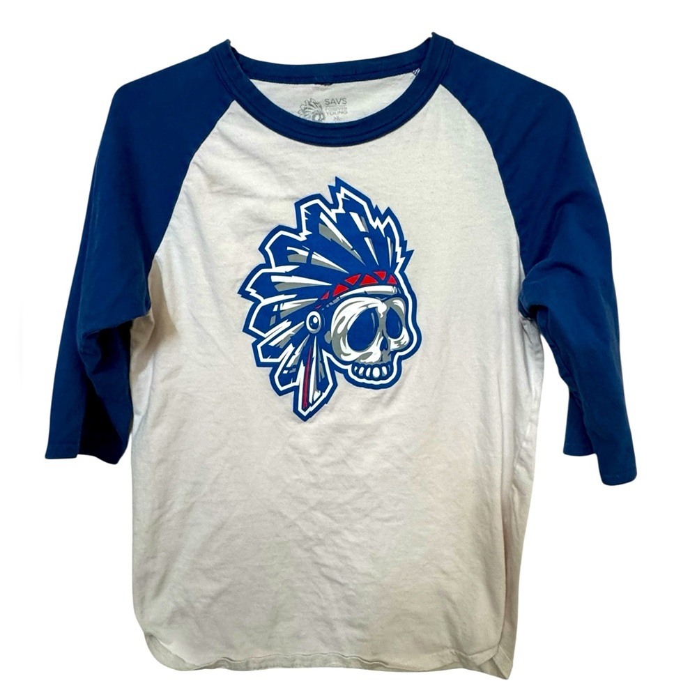 Retro SKULL Skate Savs Long Sleeve 80sVibe Youth XL Women’s S Raglan T-Shirt